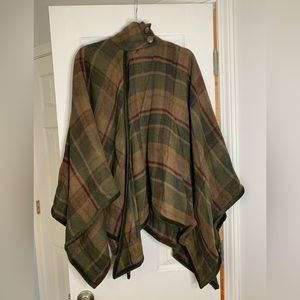 Chaps Womens Sweater Poncho Neck Button Wool Blend Plaid Size S